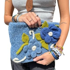 Handmade Felted Clutch Purse Blue Floral